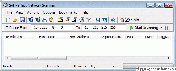 Start nu SoftPerfect Network Scanner en vul de ip range in en druk op ...